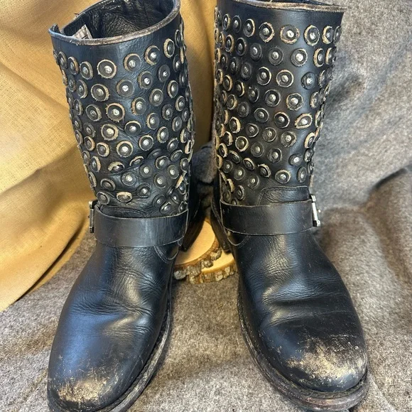 Frye Jenna Black Studded Leather boot in distressed style